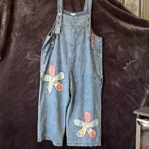 easel Blue Denim Overalls with Patch Flower Accents - New! Never worn!